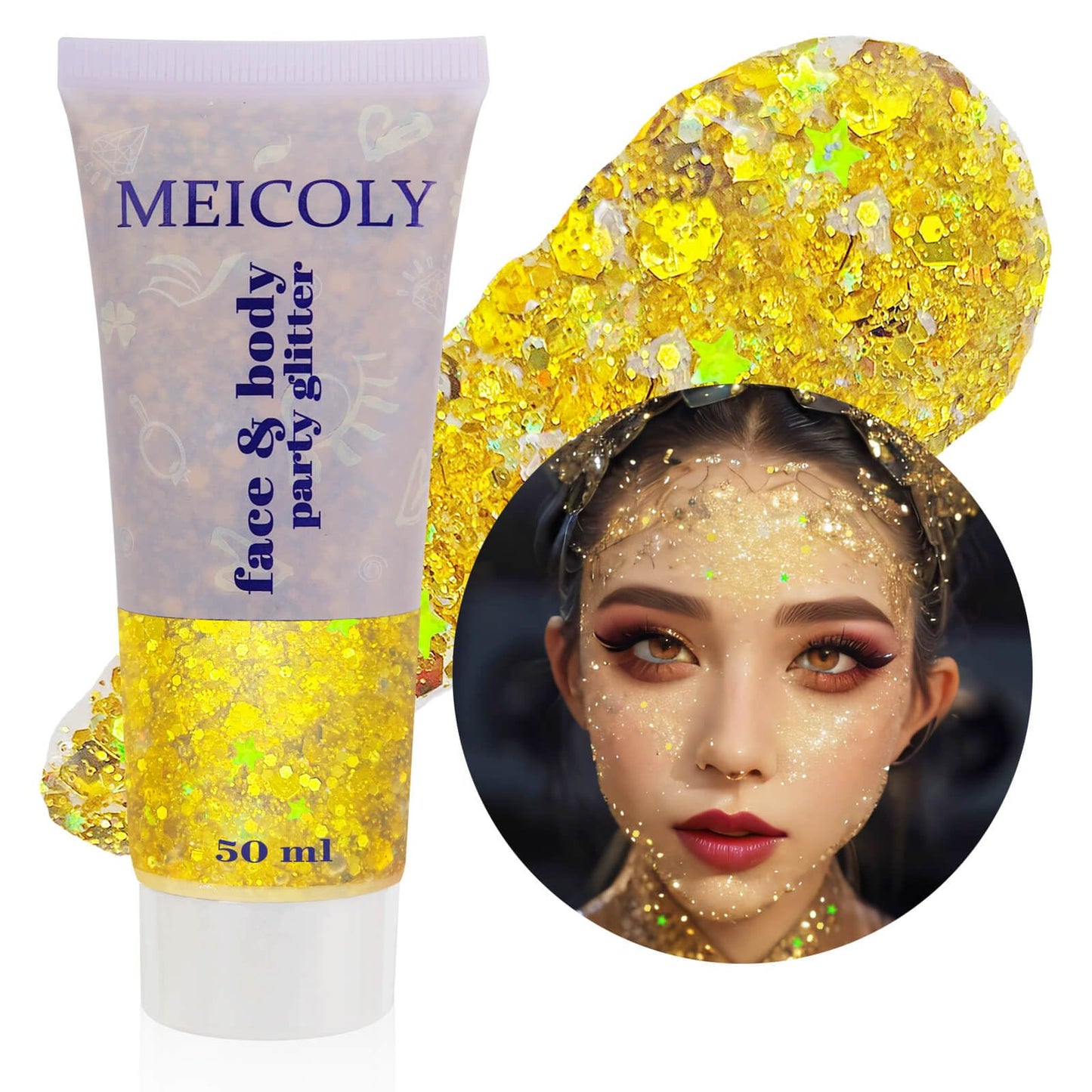 MEICOLY Gold Body Glitter,Yellow Face Glitter,Music Festival Accessories Outfits for Women,Mermaid Sequins Hair Glitter Makeup,Sparkle Face Body Glitter for Country Concert,Mardi Gras Accessories