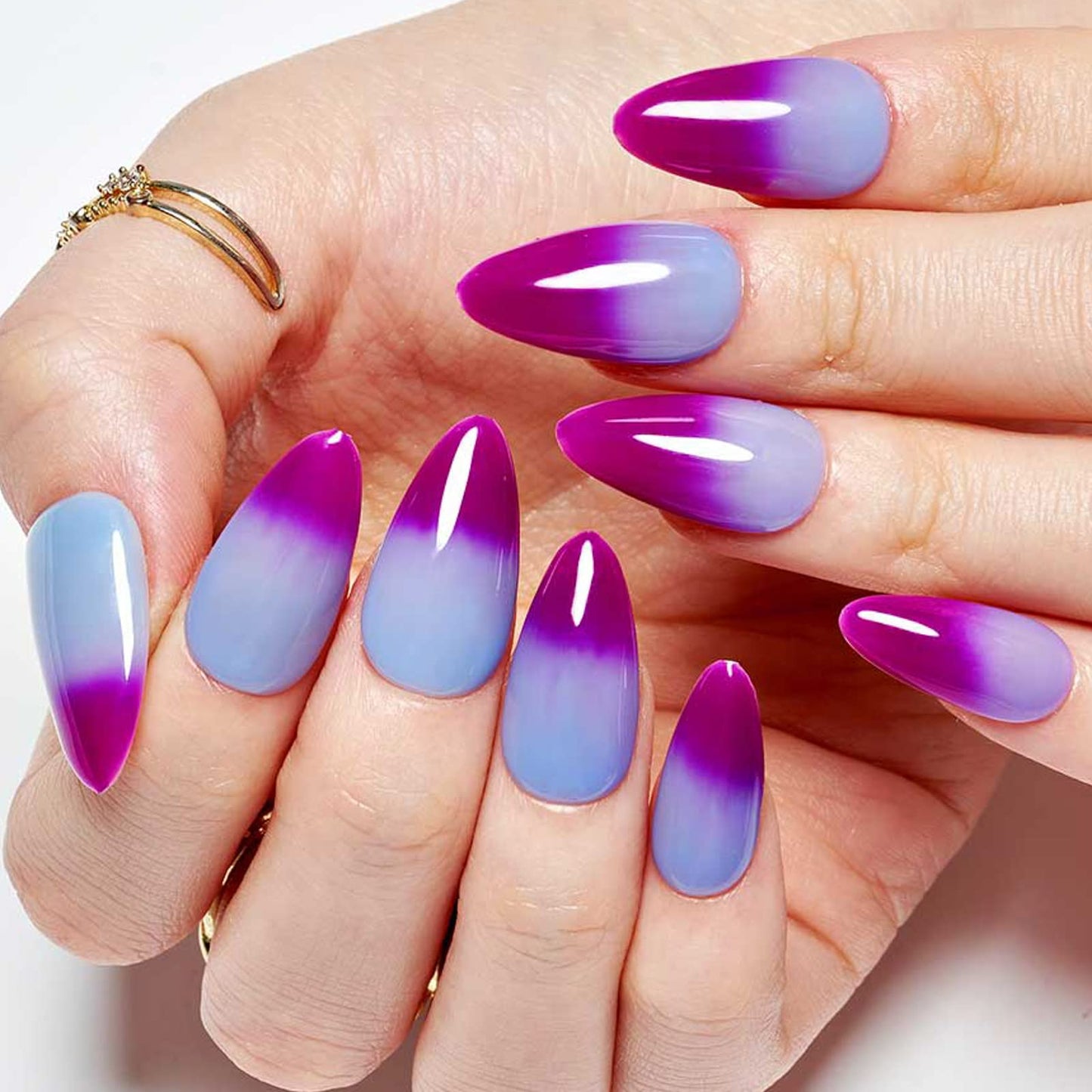 GLAMERMAID Press on Nails Medium Almond, Handmade Purple Blue Temperature Change Gel Glue on Nail, 24Pcs Glossy Short Stiletto Reusable UV Finish Fake Nails Acrylic False Nails Manicure Kits for Women