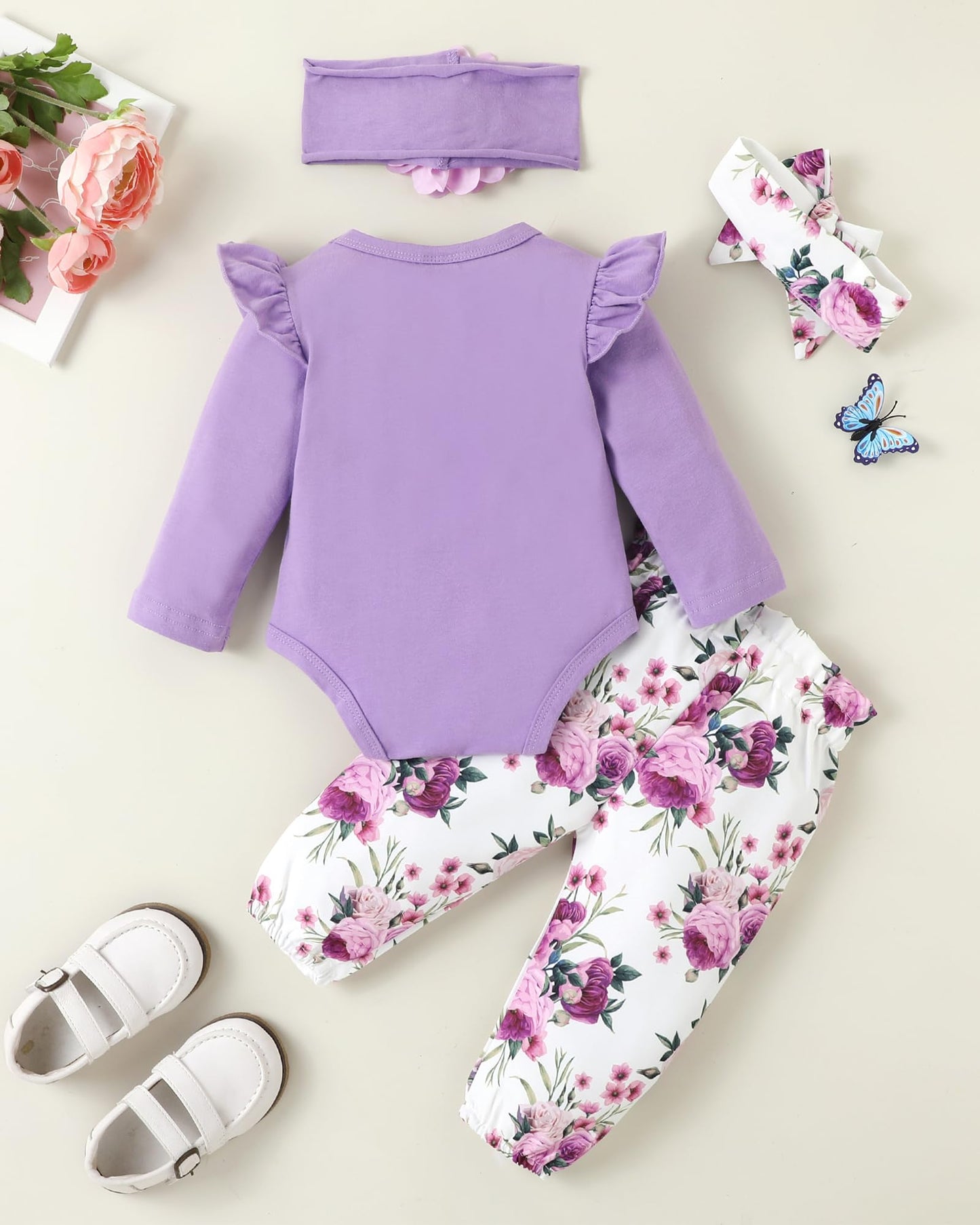 SUNNY PIGGY Baby Girl Clothes 3-6 Months Newborn Infant Outfit Ruffle Long Sleeve Romper Floral Pant Set Girl's Clothing Soft Fall Winter Letter Pattern Adorable Gift 4Pcs Overall