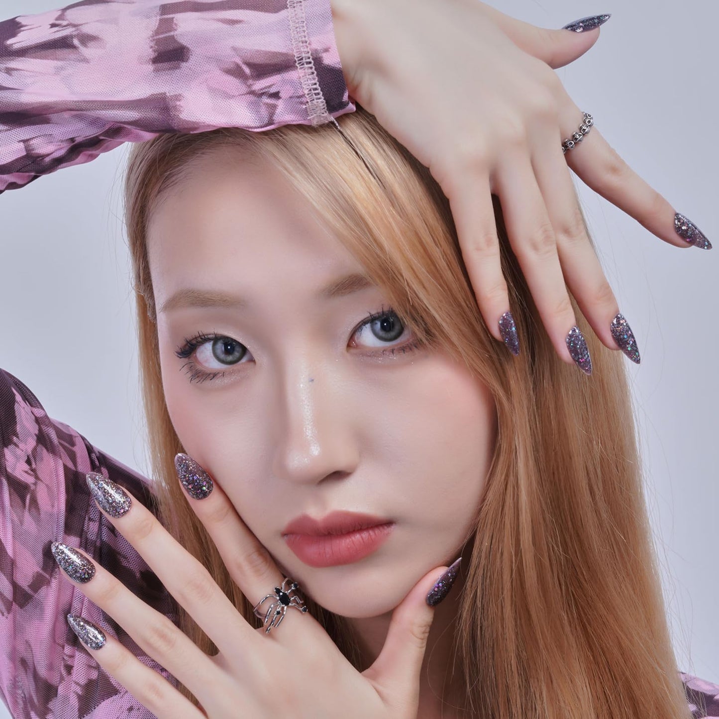 GLAMERMAID Black Press on Nails Medium Almond, Galaxy Glitter Jelly Soft Gel Fake Nails Stiletto, Shrimmer Dark Glossy Glue on Nails Short Oval, Reusable Acrylic Stick on False Nails Kit for Women