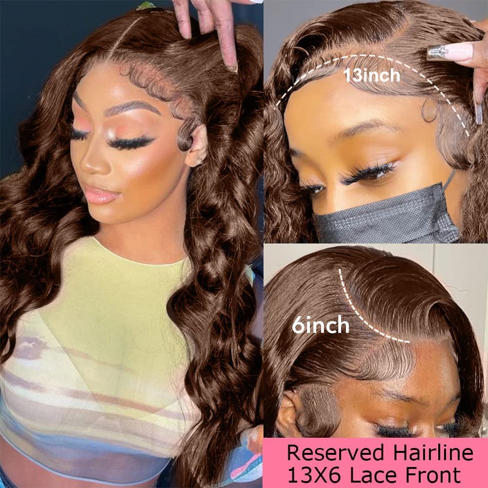 200 Density 13X6 Chocolate Brown Body Wave Lace Front Wigs Human Hair 13x6 HD Transparent Lace Front Wigs For Women Auburn Brown Colored with Baby Hair Glueless Wigs Human Hair Full And Thick 18Inch