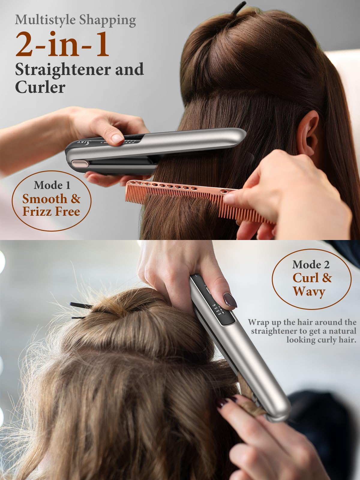 2-in-1 Cordless Hair Straightener and Curler, Portable Mini Flat Iron with Rechargeable, Wireless Curling Iron for Travel, Gold