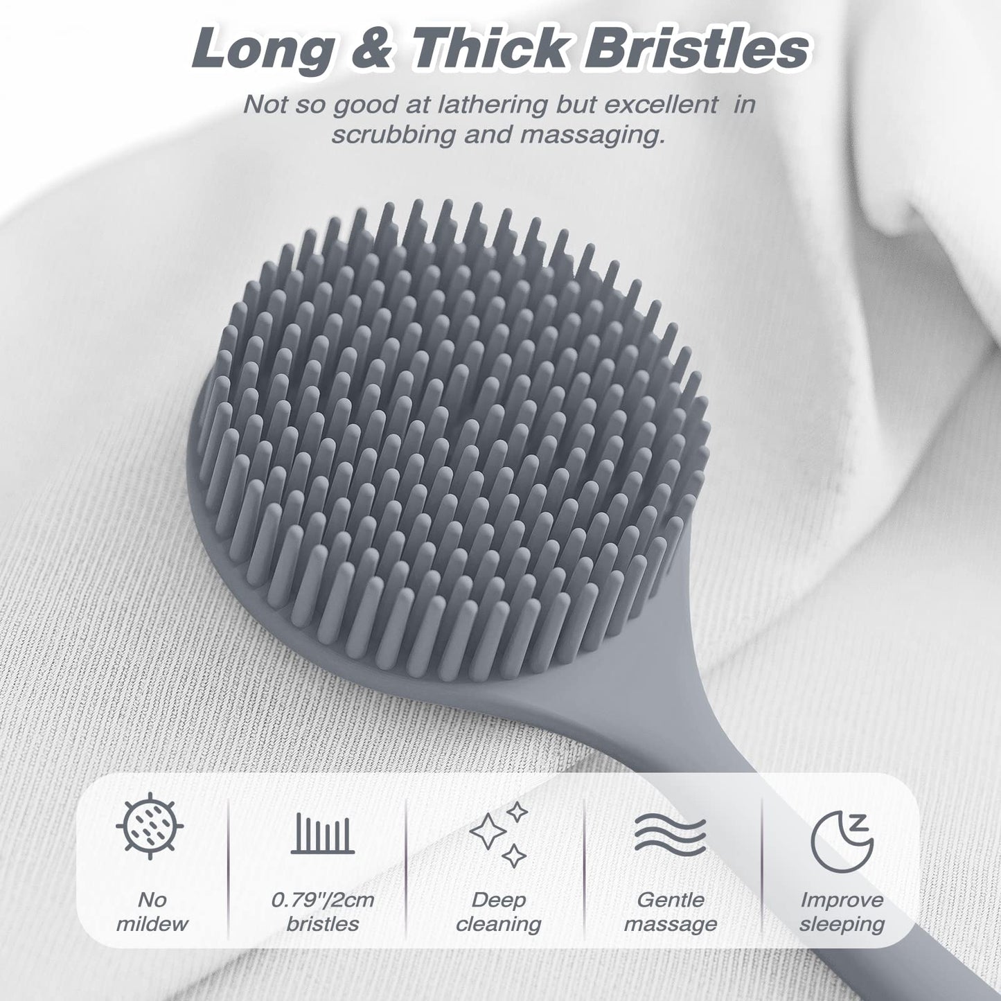 Manmihealth Silicone Back Scrubber(Thick Bristles) & Soft Bath Glove Set, Super-Exfoliating Body Scrubber & Super-Lathering Shower Brush Combination, with a Free Hook.(Gray)