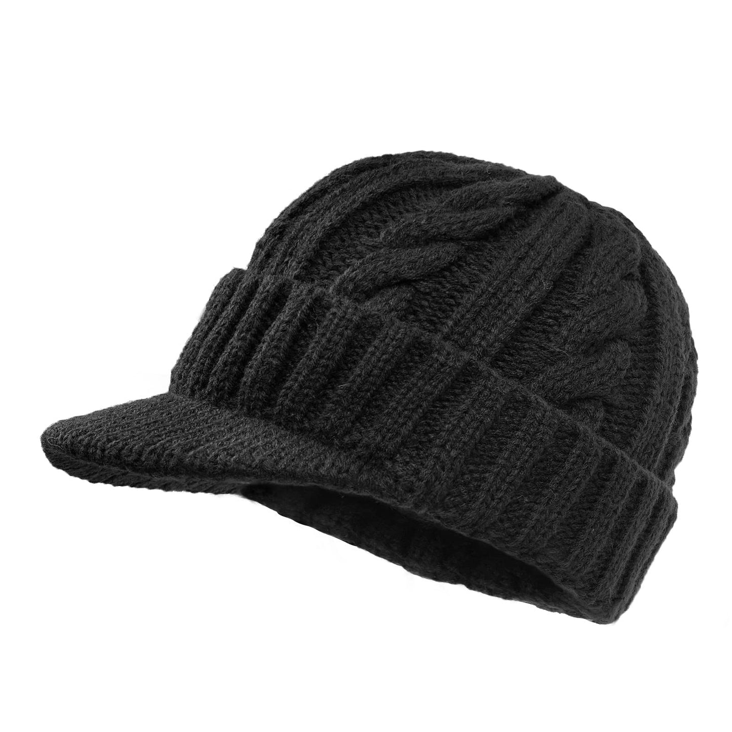 Croogo Winter Beanie with Visor Warm Oversized Chunky Soft Ribbed Slouchy Knit Hat Short Brim Newsboy Hats,Black-NB03