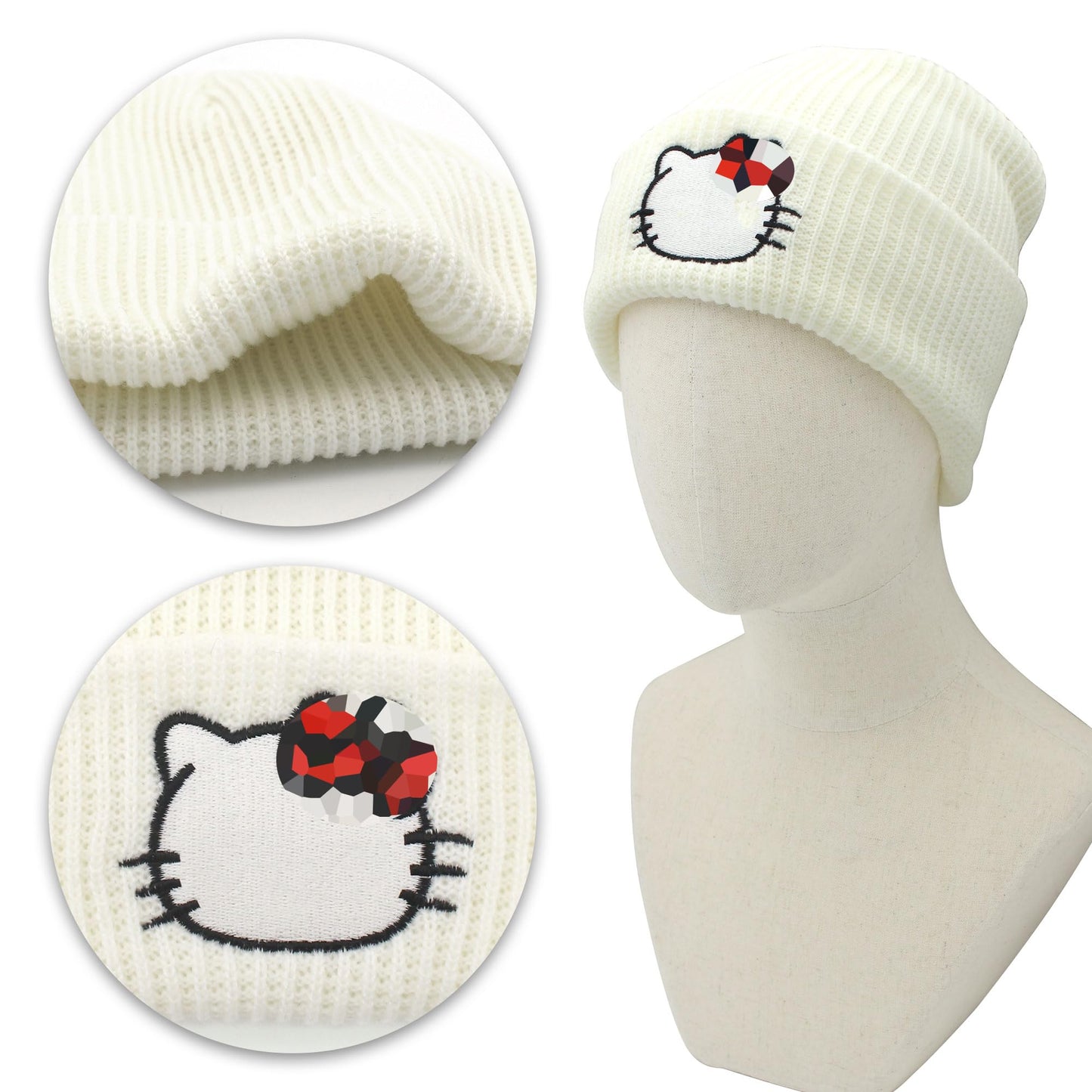 Ohjijinn Anime Beanie Cute Kawaii Beanie Knit Hats, Funny Beanie Hat Winter Skiing Slouchy Warm Cap, Soft Headwear for Women Girls (White)