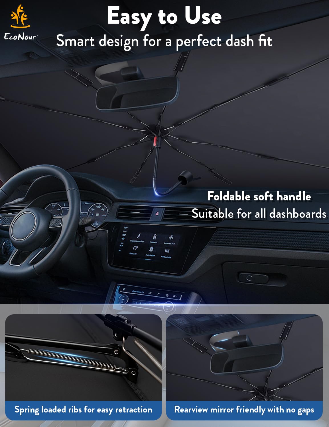 EcoNour Premium Umbrella Windshield Sun Shade for Car | Foldable Umbrella Sun Shield | UV Protection for Front Window Shade with Storage Pouch | Fits Sedans & SUVs | Medium 57"x33"