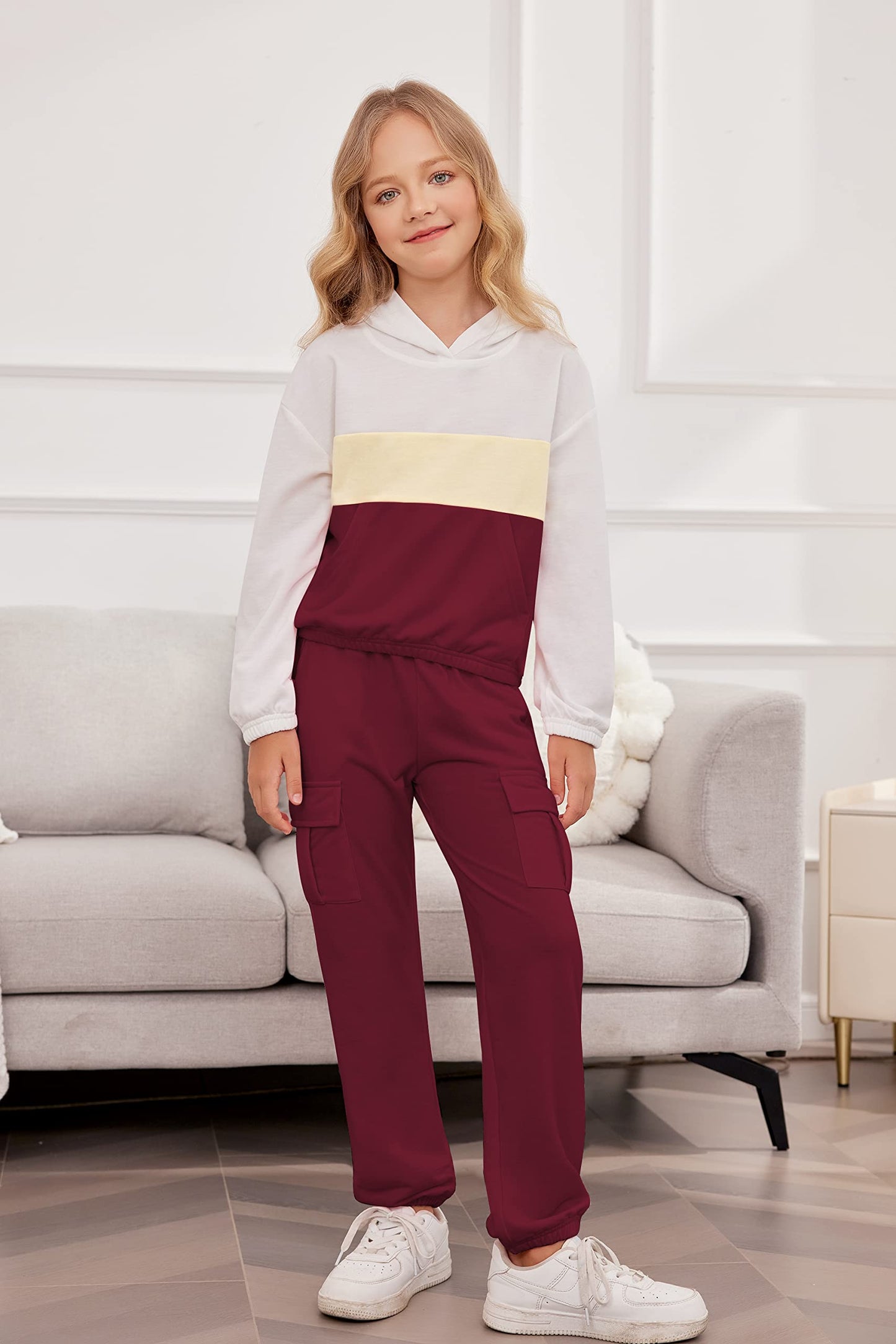 Arshiner Girl's Tracksuits 2 Piece Outfit Pullover Fall Sweatshirt And Winter Pants with Pockets Elastic Waist Sweatsuits Wine Red