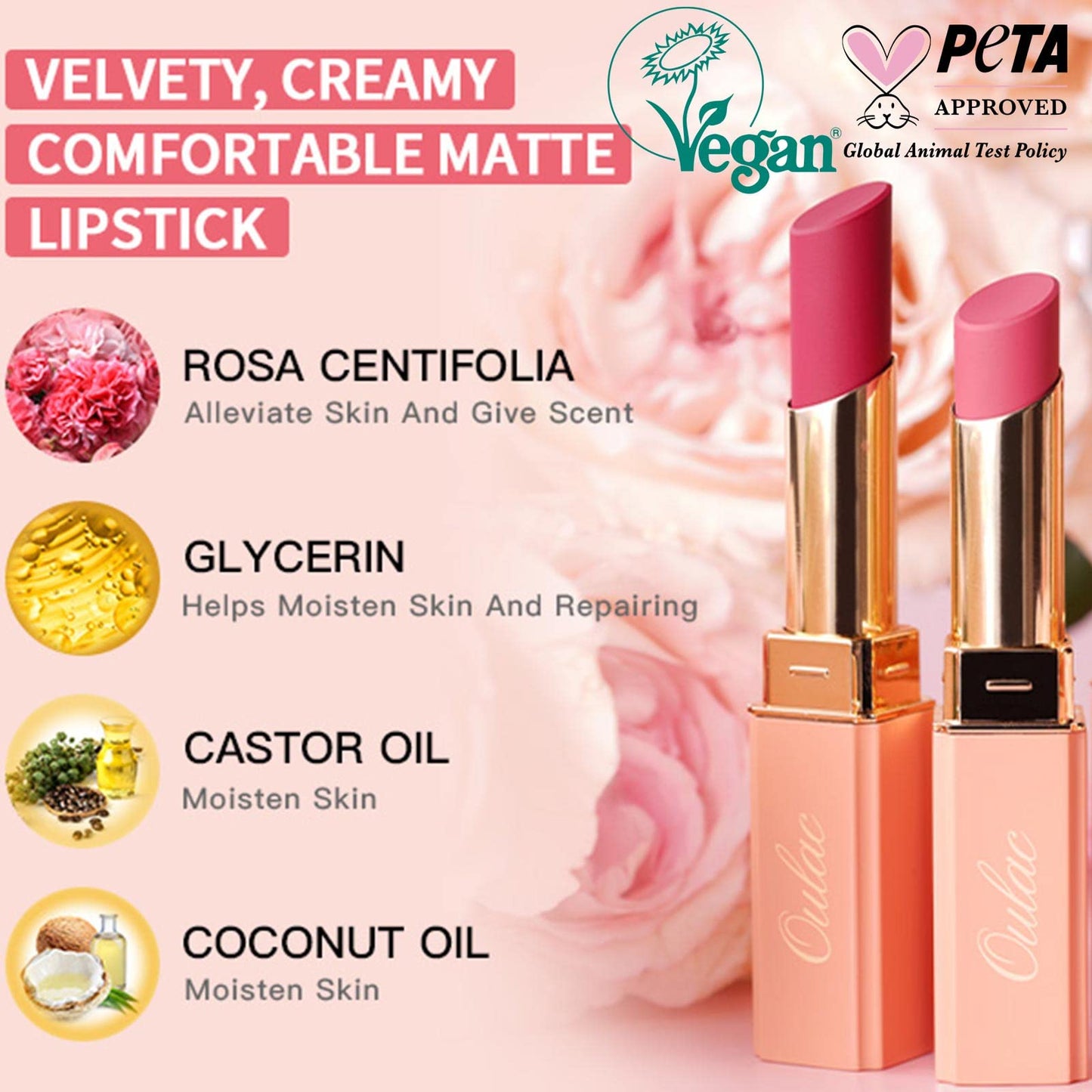 Oulac Nude Matte Lipstick for Women, Lipstick & Blush Duo, Peach Creamy Soft Satin Finish Lipsticks, Moisturising Formula, Rich Color Lightweight Lip Balm, Rose Oil, Vegan & Cruelty-Free| 3.6g (Y08)