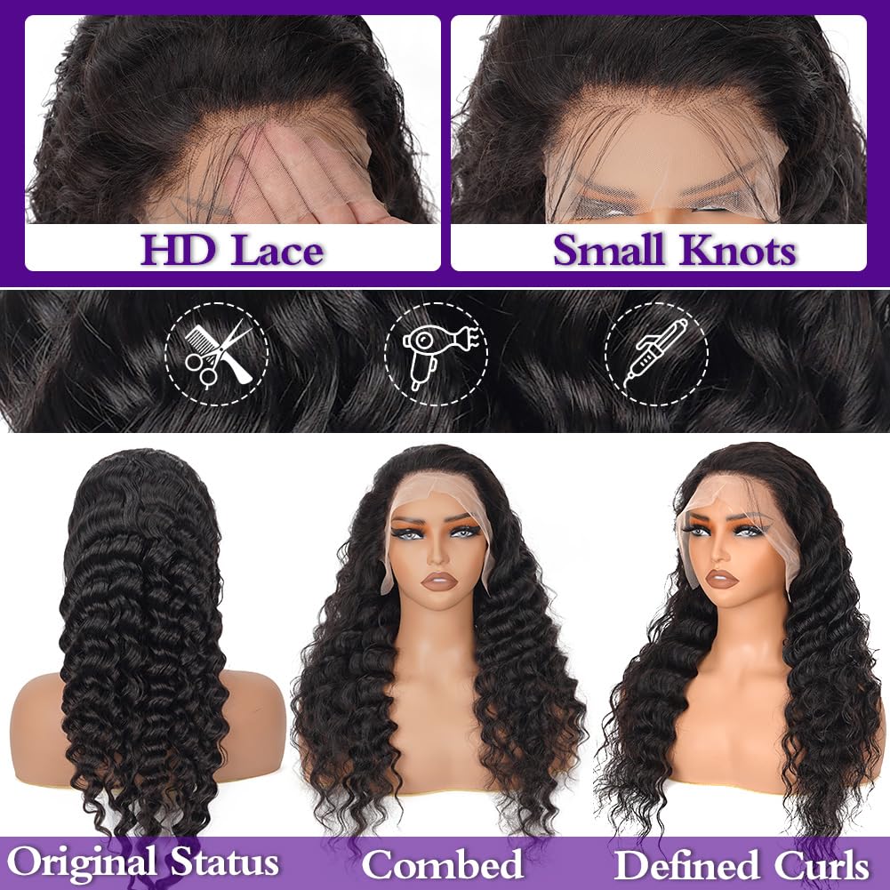 LRV Deep Wave Lace Front Wigs Human Hair Pre Plucked, 13x4 HD Lace Front Wet And Wavy Frontal Human Hair Deep Wave Wig For Women Glueless, 180 Density 20 Inch, Pre Plucked