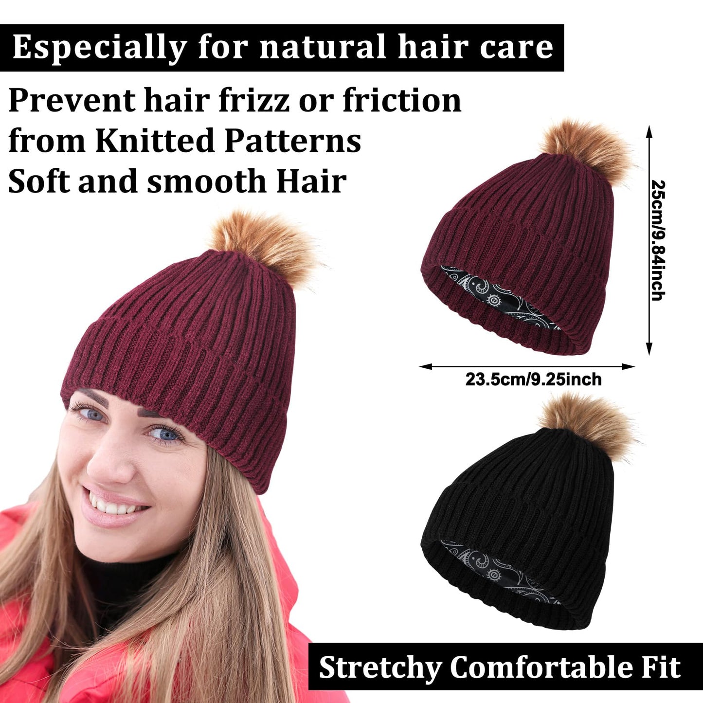 Sintege 4 Pieces Womens Satin Lined Beanie Hat Gloves Set Knit Slouchy Winter Hats Skull Cap Warm Touchscreen Gloves Set (Black, Purple, Pom Pom Style)
