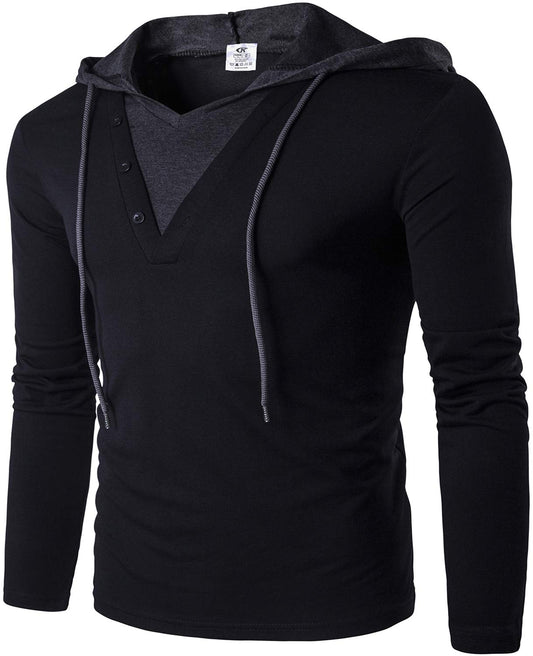QPNGRP Men's Long Sleeve Pullover Casual Hoodie Shirt B24 Black Large