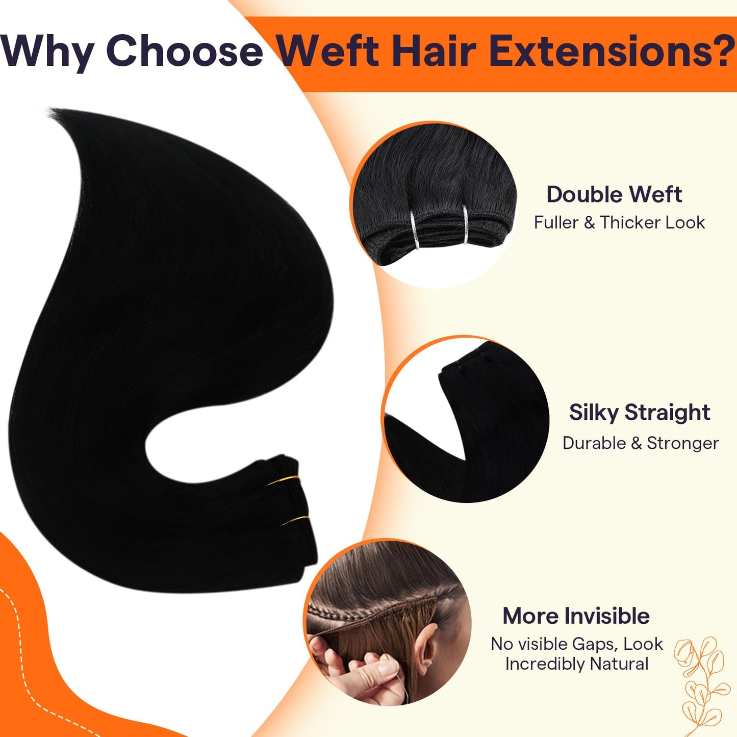 Full Shine Sew In Hair Extensions Real Human Hair Black Weft Hair Extensions Human Hair Sew In Extensions Double Weft Color Jet Black Hair Extensions Human Hair Extensions Sew In Bundles 22Inch 105G