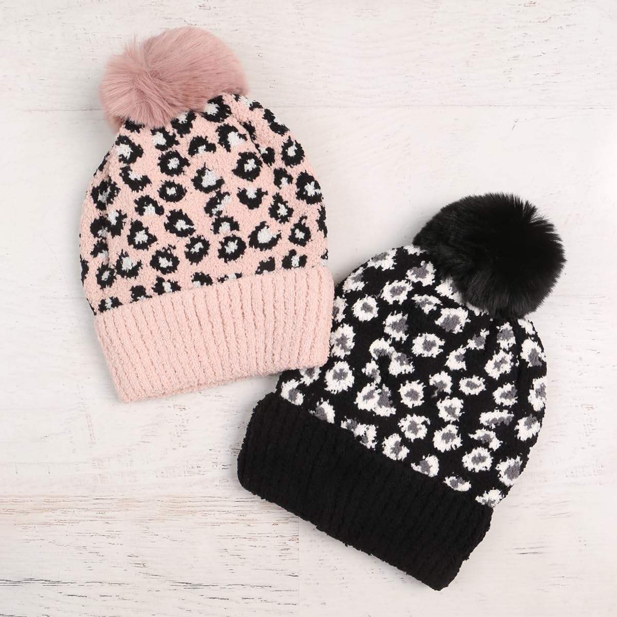 Classic Warm Fall Winter Hat - Soft Warm Foldable Leopard Cuff Ribbed Knit Beanie Detachable, Sweater Wool Cap (Knit Beanie - Leopard Pink)