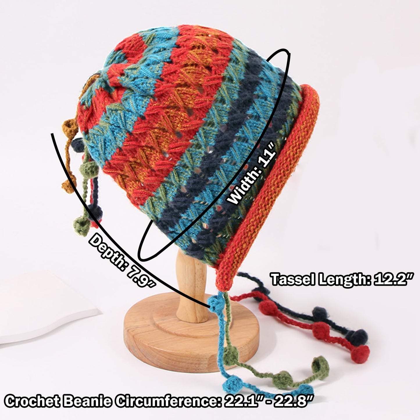 Colorful Crochet Beanie Hat for Women Ladies Knit Slouchy Beanies Ear Flaps with Cute Pom Pom Tassels Wide Brim Winter Fashion Rainbow Striped Skull Cap (Green Stripe)