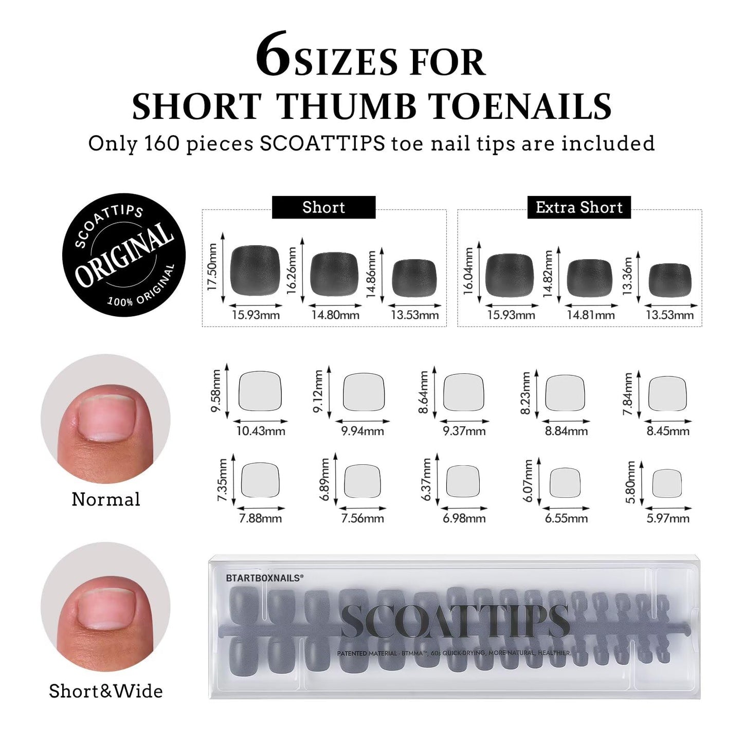 BTArtboxnails SCOATTIPS Toe Nail Tips - Black Short Press On Toenails for Women, 160 Pcs 16 Sizes Soft Gel Toe Nail Press Ons, Soak Off Acrylic Fake Toe Nail Extensions (Included Toenail Tips ONLY)