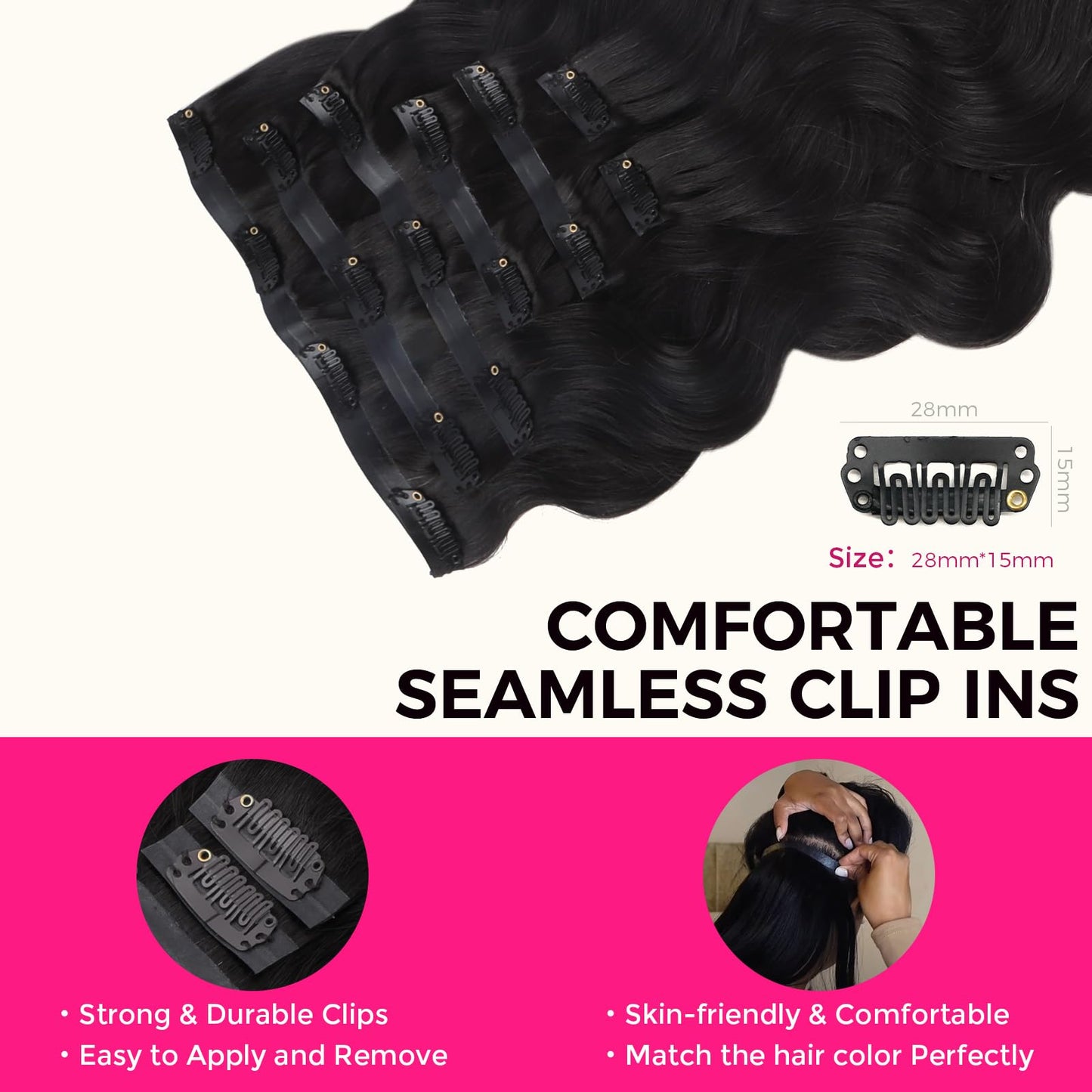 Lashey Seamless Clip in Hair Extensions Human Hair #1 Jet Black Body Wave Clip in Hair Extensions Real Human Hair 7pcs 110g 14 Inch PU Weft Natural Hair Extensions for Women