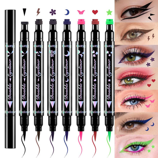 evpct 7Pcs Colored liquid Eye Liners Face Stamp Cosplay Gothic Makeup Set Kit for Beginners, Black Brown Purple Blue Red Pink Green Star Flowers Heart Moon Triangle Lightning Butterfly Stamps Eyeliner