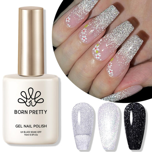 Born Pretty Silver Reflective Glitter Gel Nail Polish Christmas Holographic Transparent Glitter Gel Polish Sparkly Shiny Disco DJ LED Gel Nail Polish Nail Varnish 15ML