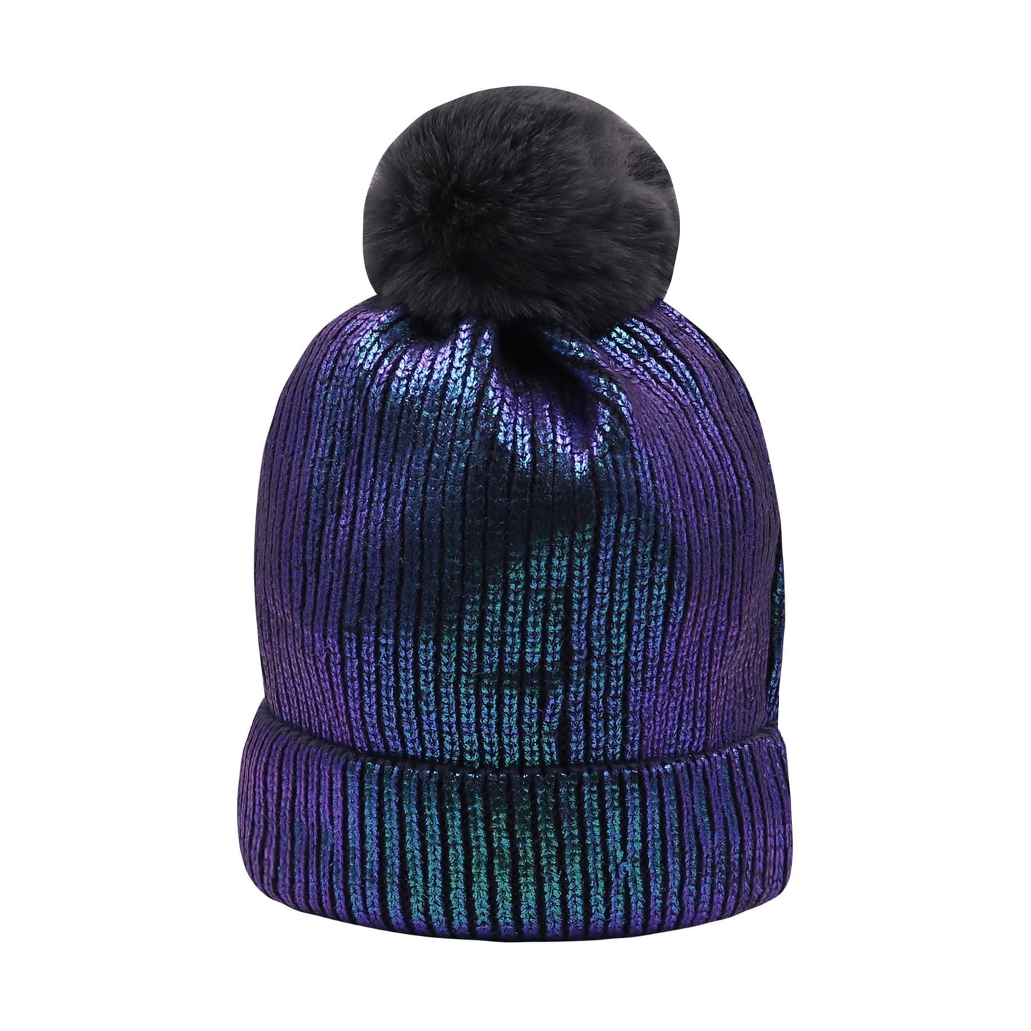 JUMIEE Women Girls Metallic Knitted Winter Beanie Hat Slouchy Faux Fur Pom Pom Skull Cap
