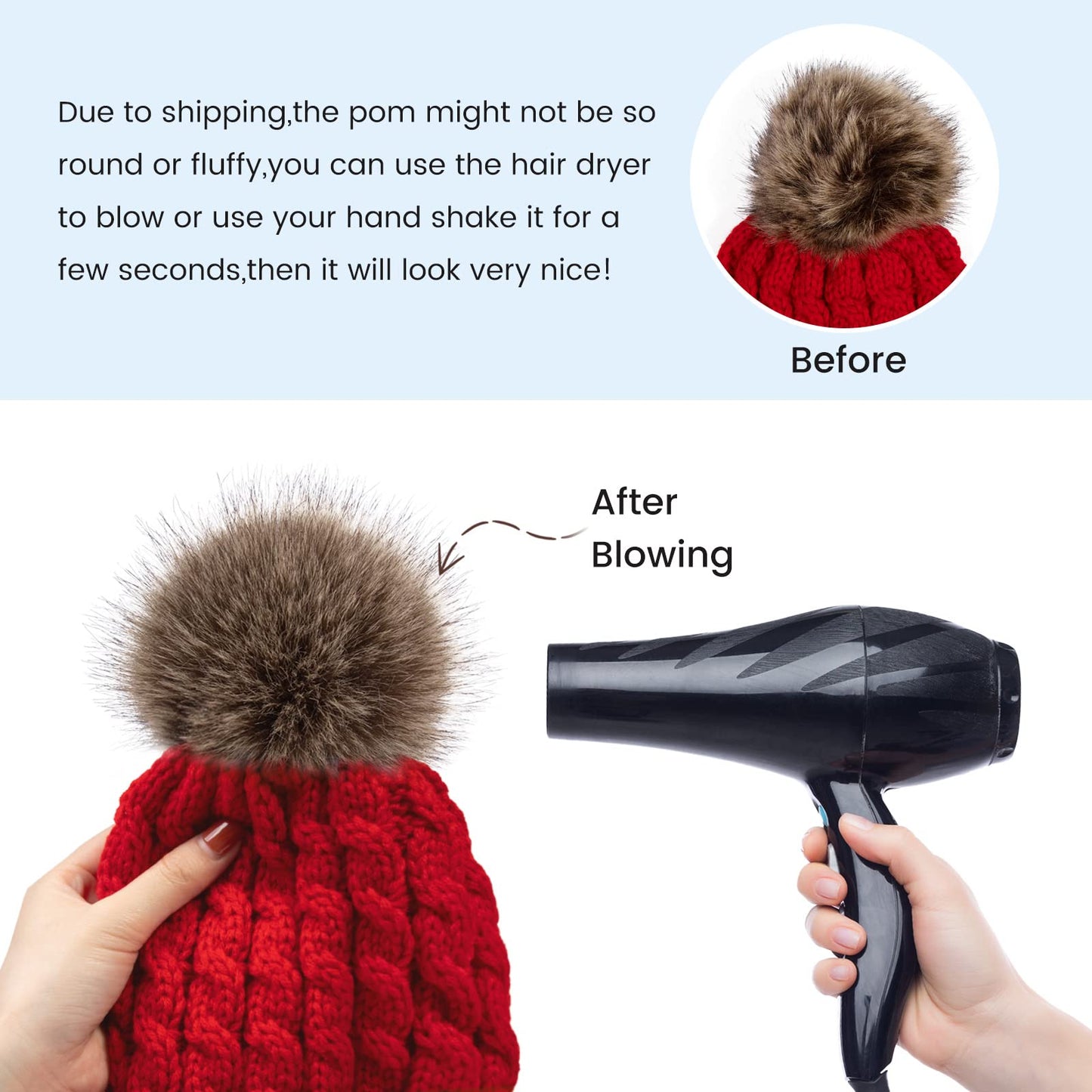 Simplicity Slouchy Beanie Womens Red Hat for Women Pom Pom Beanie Winter Hand Knit Faux Fur Red Beanie Hat