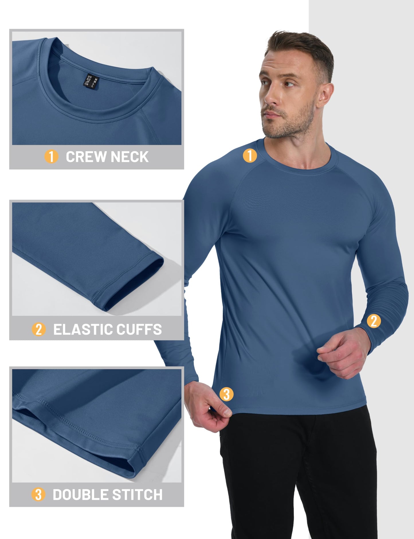 TACVASEN Athletic T Shirts for Men Raglan Long Sleeve Workout Shirt Winter Thermal Base Layer Cold Weather Blue Gray L