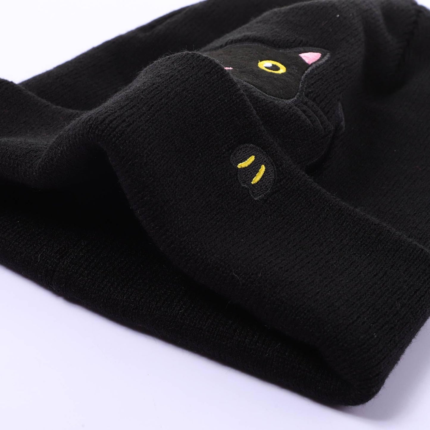 Women's Cat Beanie Hats and Funny Socks Set Cute Cat Lover Gifts Kitty Knitted Hat Winter Skiing Slouchy Warm Cap for Girls Black
