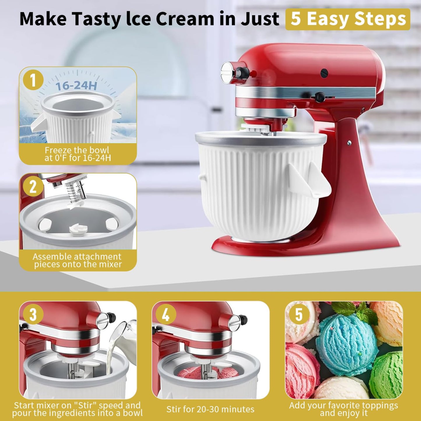 Ice Cream Maker Attachment for Kitchenaid,Fits KitchenAid 4.5-5QT/5.5-6 Quart Stand Mixers Accessories and Attachments,2 Quart Ice Cream Makers of Frozen Yogurt and Sorbet by KOYOEY