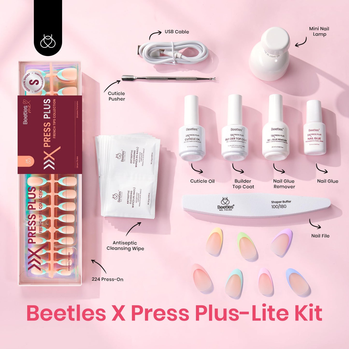 Beetles X Press Plus French Tips Press On Nails, 16 Sizes 224 Pcs Pastel Short Almond Press On Nails Gel Nail Tips Pre-Applied Primer Base Coat Soak Off Uv Nail Extension Manicure Gift for Women