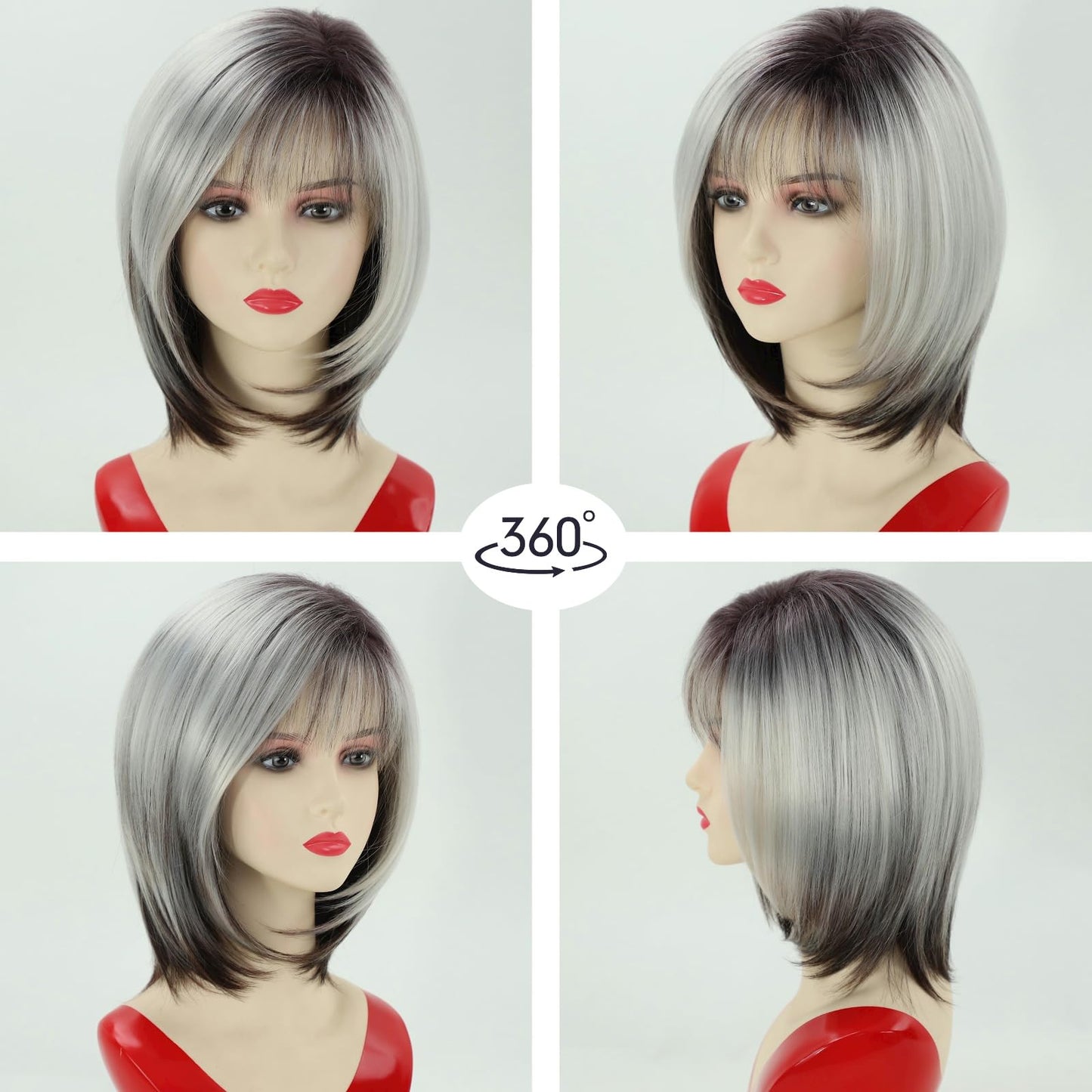 RENERSHOW Medium Length Bob Wig with Bangs for White Women Layered Blonde Balayage Bob Straight Hair Wig Natural Synthetic Hair Replacement Wig Ombre Platinum with Brown Wig