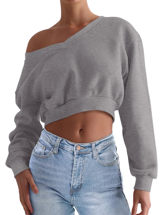 REORIA Womens Cropped Oversized Sweatshirts V Neck Long Sleeve Pullover 2024 Fall Teen Girls Y2K Fashion Crop Tops Grey