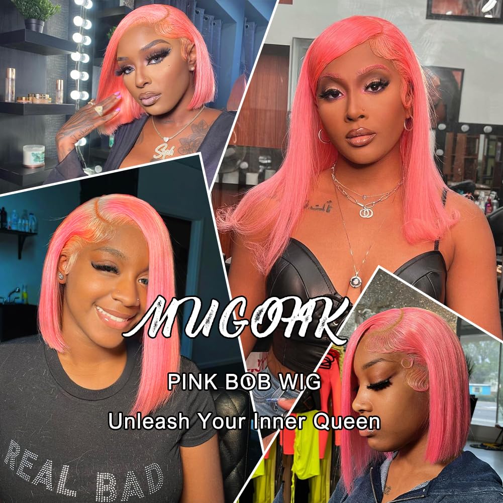 MUGOHK Pink Bob Wig Human Hair 14 Inch 13x4 Cotton Candy Pink Straight HD Lace Frontal Wig Human Hair Pre Plucked with Baby Hair Bubblegum Pink Lace Closure Human Hair Wig 150 Density for Women