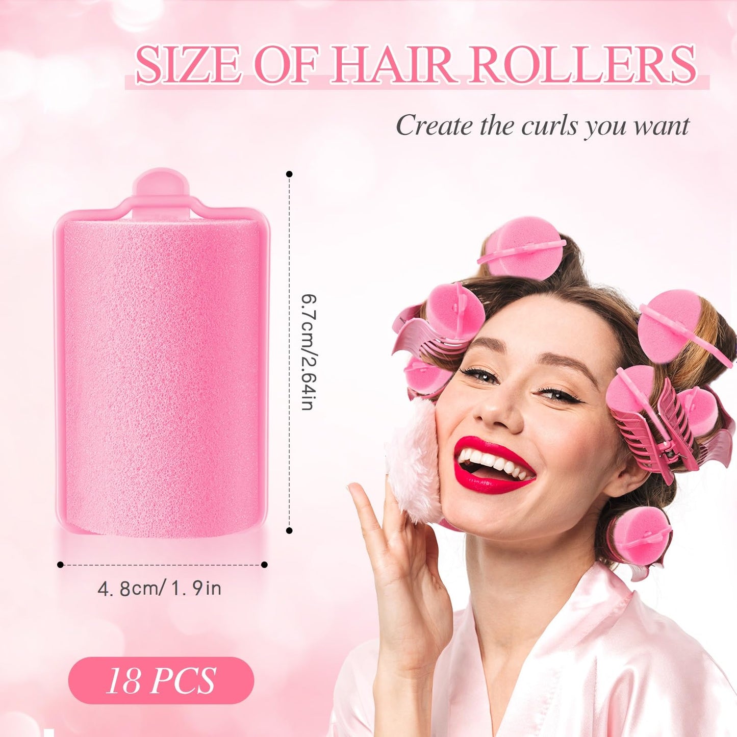 Geyoga 18 Pieces Sponge Hair Rollers Large Soft Foam Hair Styling Curlers Large Size Hairdressing Curlers for Women(1.9 x 2.6 Inches,Pink)
