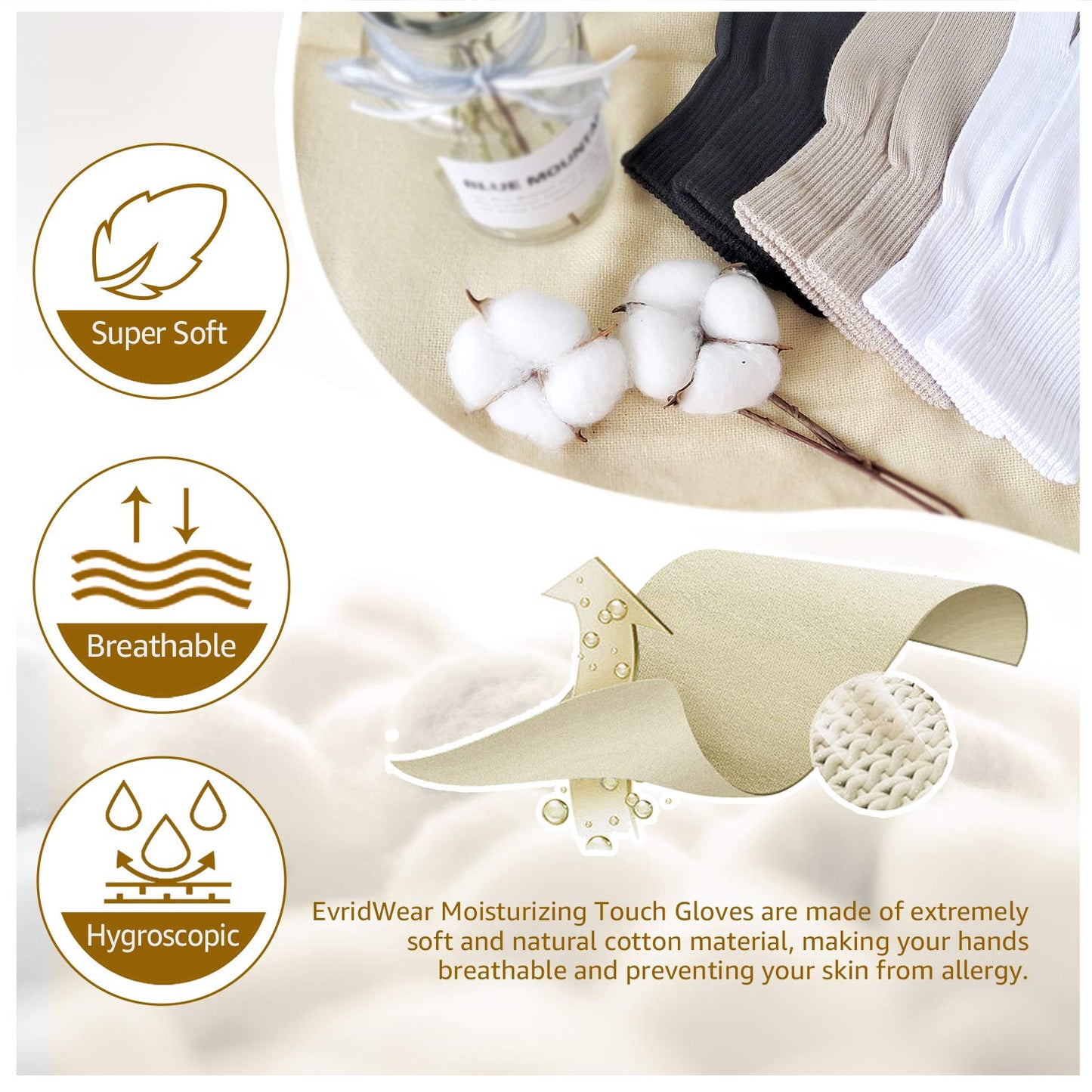 Evridwear Unisex Moisturizing Cotton Gloves with Touchscreen Fingertips for Eczema Beauty Cosmetic Dry Hands Sensitive Irritated Skin Therapy Overnight Bedtime, 6 Pairs, Lightweight-White, XS