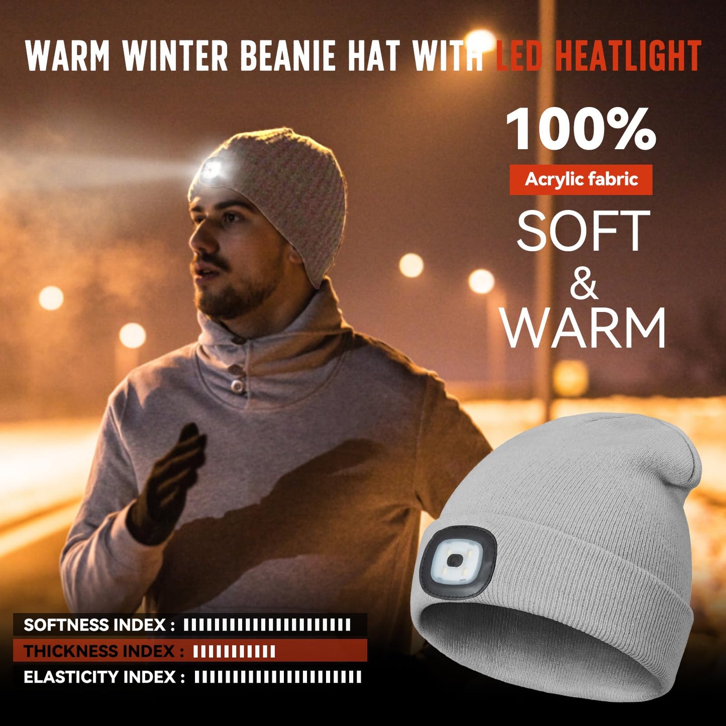 SYMNTEM Unisex Beanie Hat with Light, Christmas Day Gifts for Men, Rechargeable Headlight Cap Winter, Stocking Stuffers for Men, Adults, Teens, Dad, Father, Husband, Cool Gadget Gifts for Women, Grey
