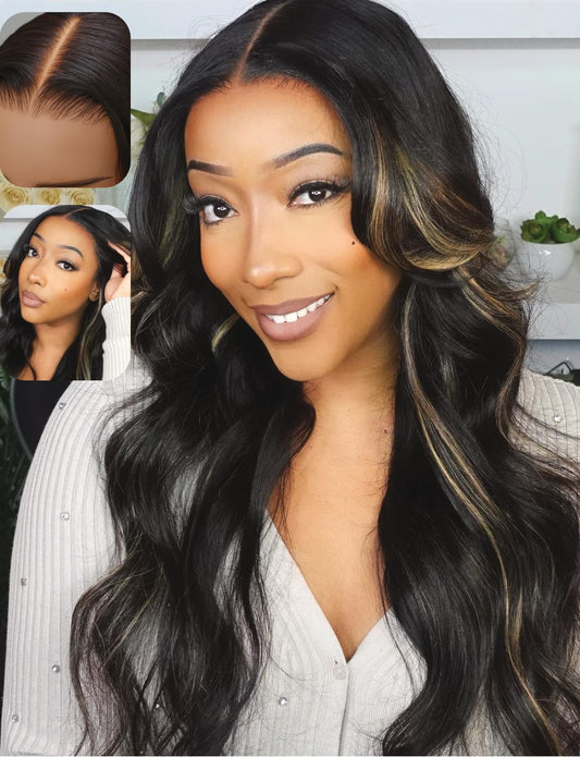 UNICE Bye Bye Knots Glueless Wig Body Wave 7x5 Pre Cut Lace Front Wigs Human Hair Bleached Knots Balayage Black Blonde Highlights Put on and Go Human Hair Wig Pre Plucked 150% Density 16 inch