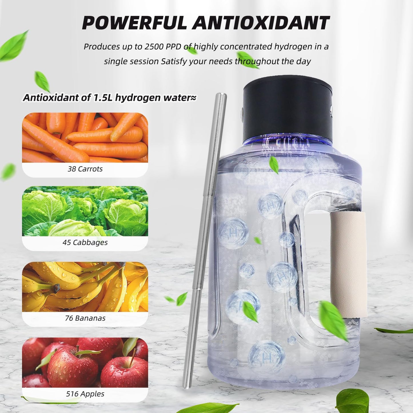 ZUCKBOX Hydrogen Water Bottle, Large Hydrogen Water Bottle Generator, Portable Rechargeable 57OZ/1.5L Hydrogen Water Machine with Foldable Straw with SPE Technology for Home, Office, Travel, Sport