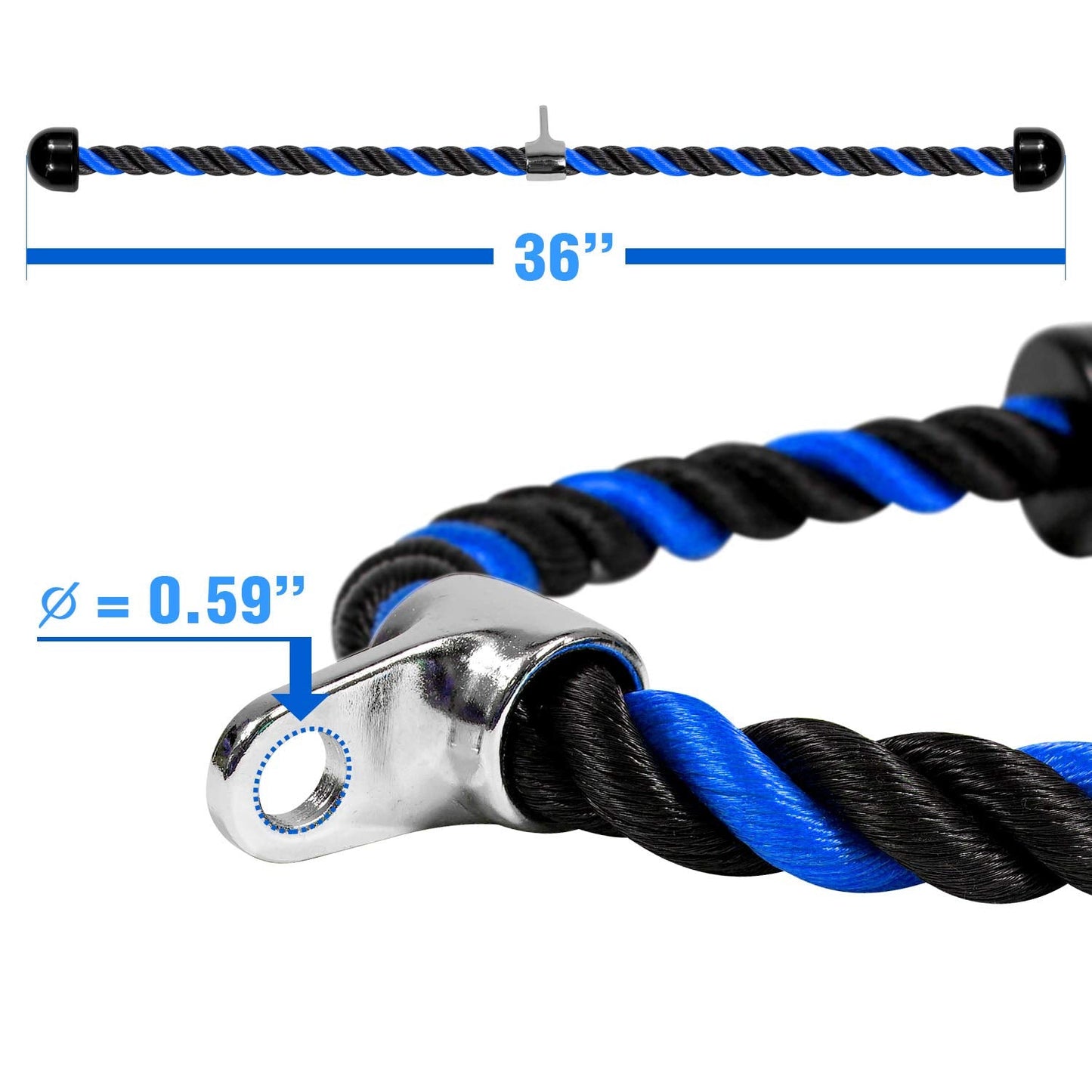 Yes4All Deluxe Blue Black Tricep Rope 36 Inches Black Cable Attachment, Pulley System Gym Pull Down Rope with Carabiner, Exercise Machine Attachment