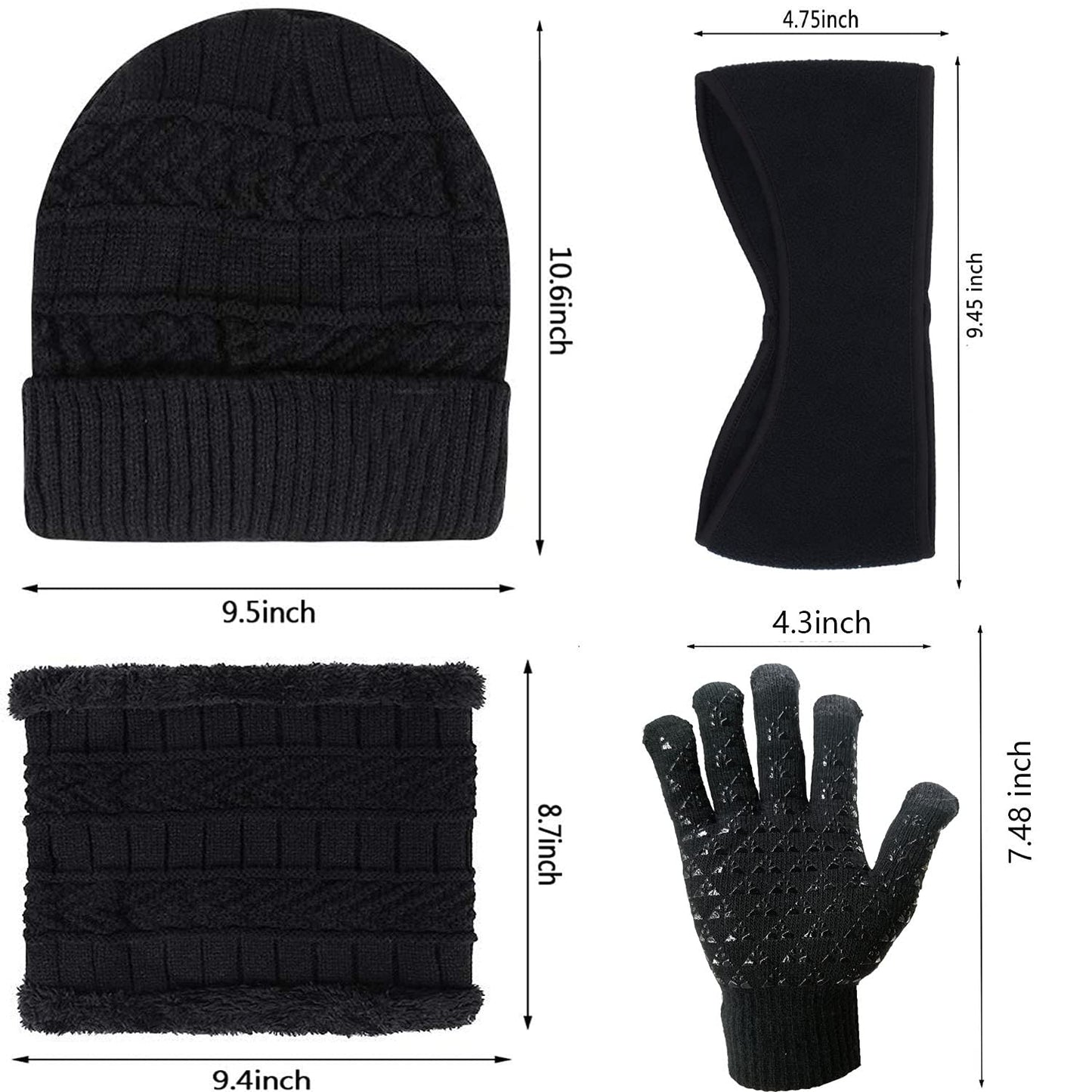ABUDDER Womens Beanie Hat Scarf Gloves Set, Fleece Lined Winter Hat,Fleece Scarf Touch Screen Gloves and Ear Warmers for Men Women (Black)