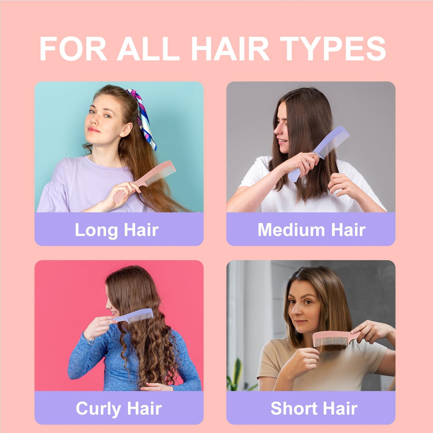 RHOS Detangling Hair Comb for Women,Hair Comb Set for Curly/Straight/Short/Thick Hair,Medium Tooth Comb for Wet and Dry Hair,Hair Detangler Comb(Pink&Purple)