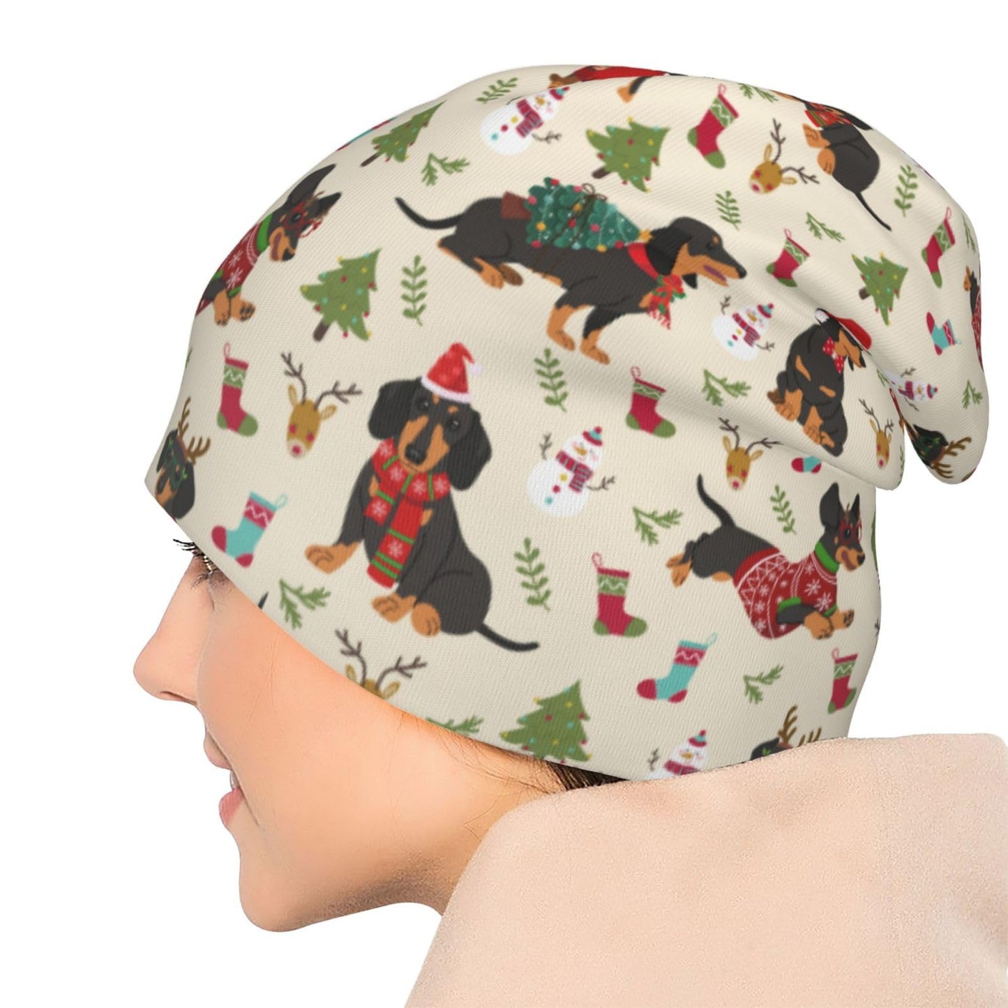 Cute Christmas Dogs Beanie Chemo Hat Cancer Headwear Skull Hat Knitted Hat Nightcap Skull Cap for Women Men