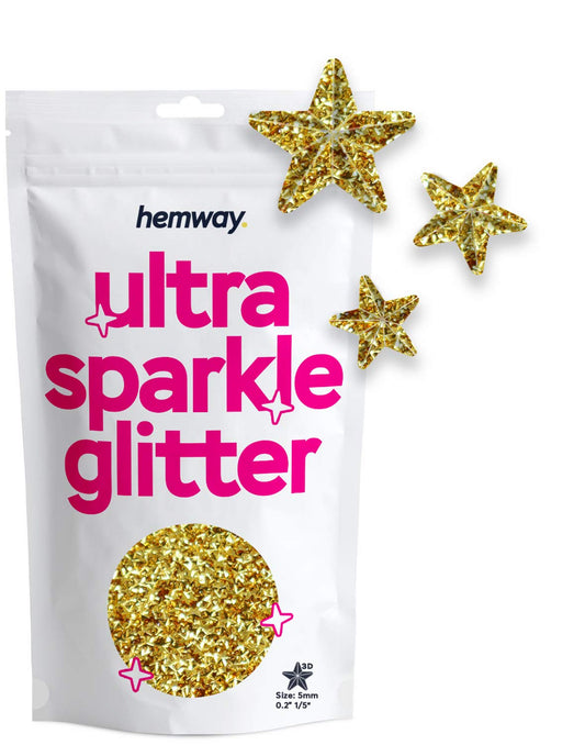 Hemway Ultra Sparkle Glitter - 1/5" 0.2" 5mm - 3-D Embossed Star Shaped Glitter Sequin for Decoration, Scrapbook, Arts, Craft, Design, Nail and Cosmetics - Gold - 50g