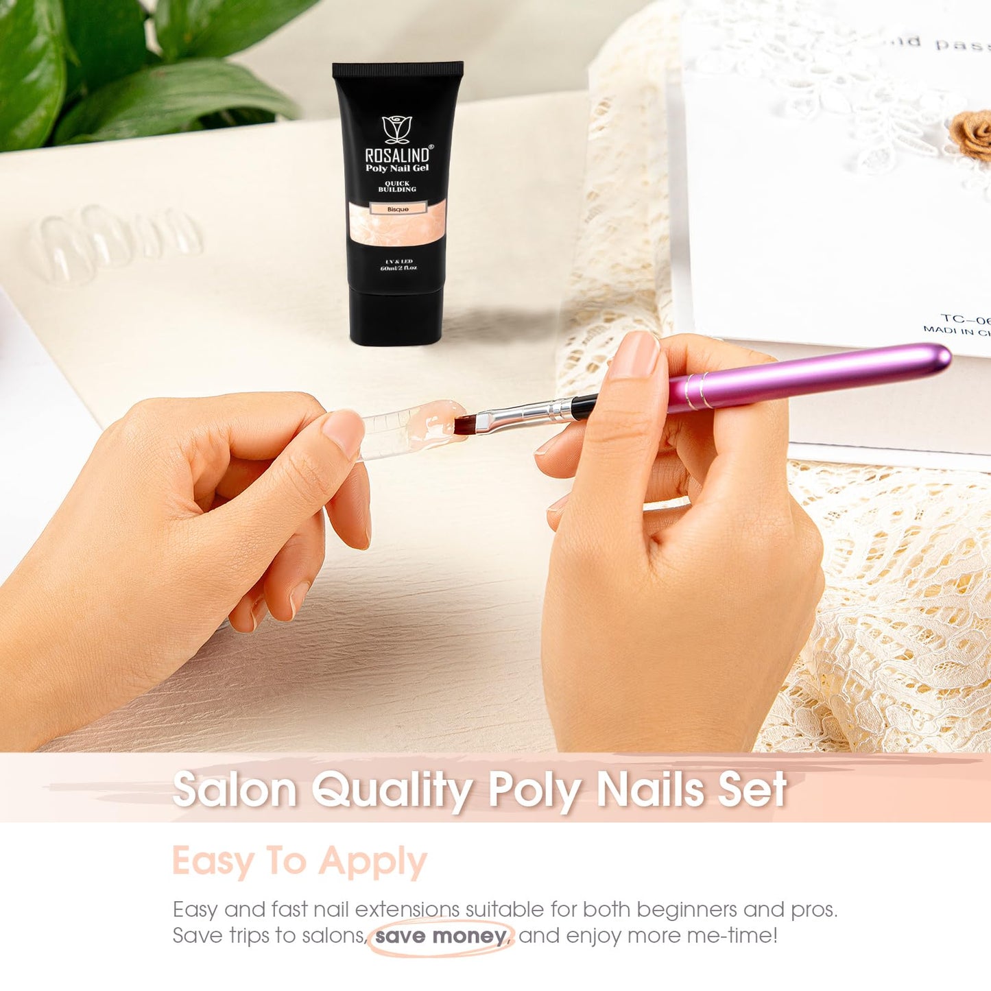 ROSALIND Nude Poly Extension Gel, 60ml Light Nude Poly Nial Gel Builder for Nail Art Decoration, Nude Nail Thickening Extension Easy to DIY Use at Home Need UV Lamp