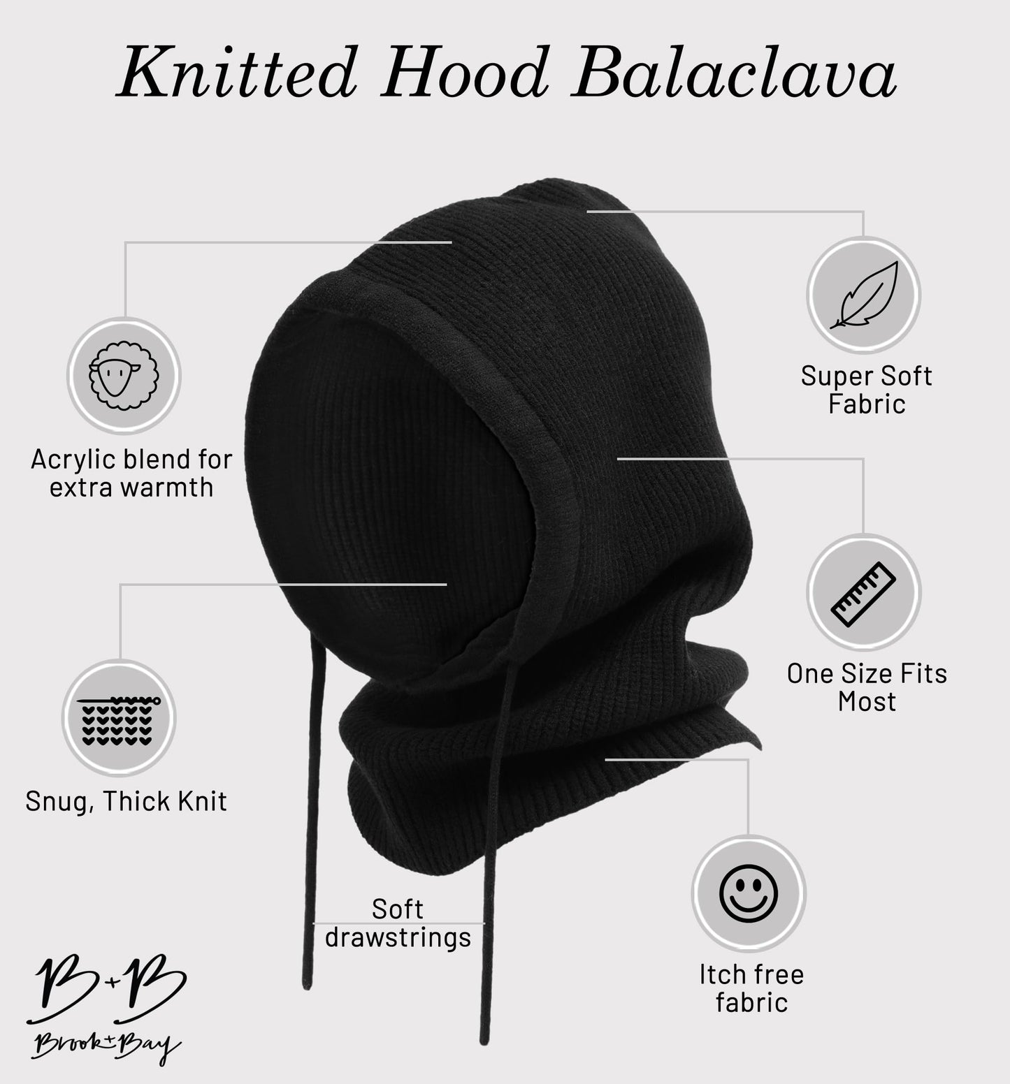 Brook + Bay Knitted Hooded Scarf w/Drawstrings - Knit Balaclava Hood Scarf for Women Winter - Stylish Hooded Hat, Neck Warmer Black