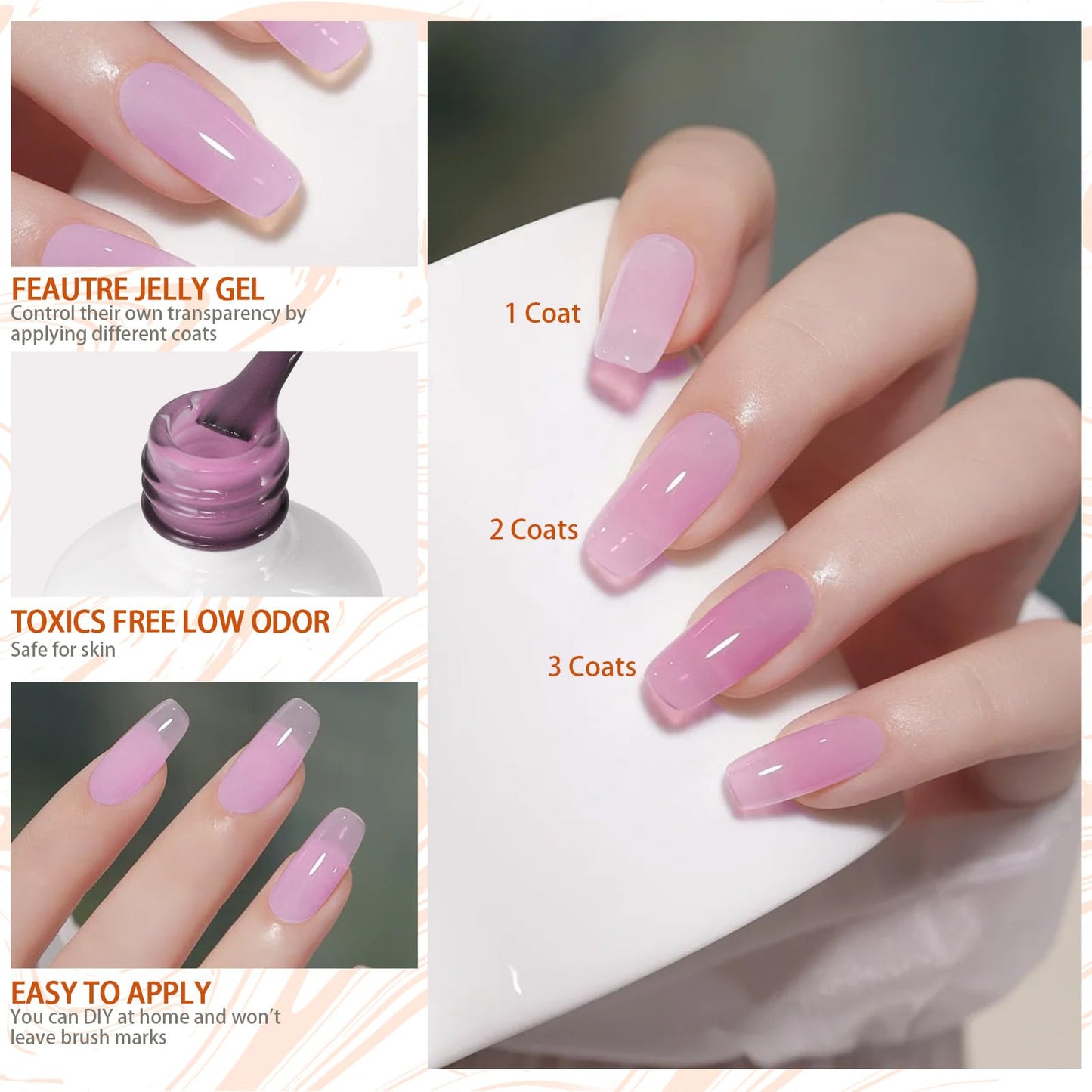 Artdone Transparent Gel Nail Polish Jelly Set - UV Gel 6 Colors Neon Orange Blue Green Pink, Neutral, Soak Off LED Lamp Gel Manicure Kit For Nail Art