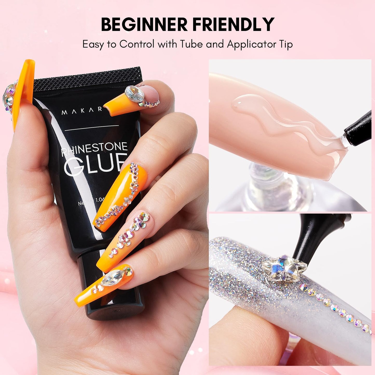 Makartt Nail Rhinestone Glue for Nails- 60ML Super Strong Gel Glue for Rhinestones, 3D Art Charm Decorations Bling Gem Bow Jewels Crystals Beads Diamonds Pearls, Beauty Gift, UV Lamp Need