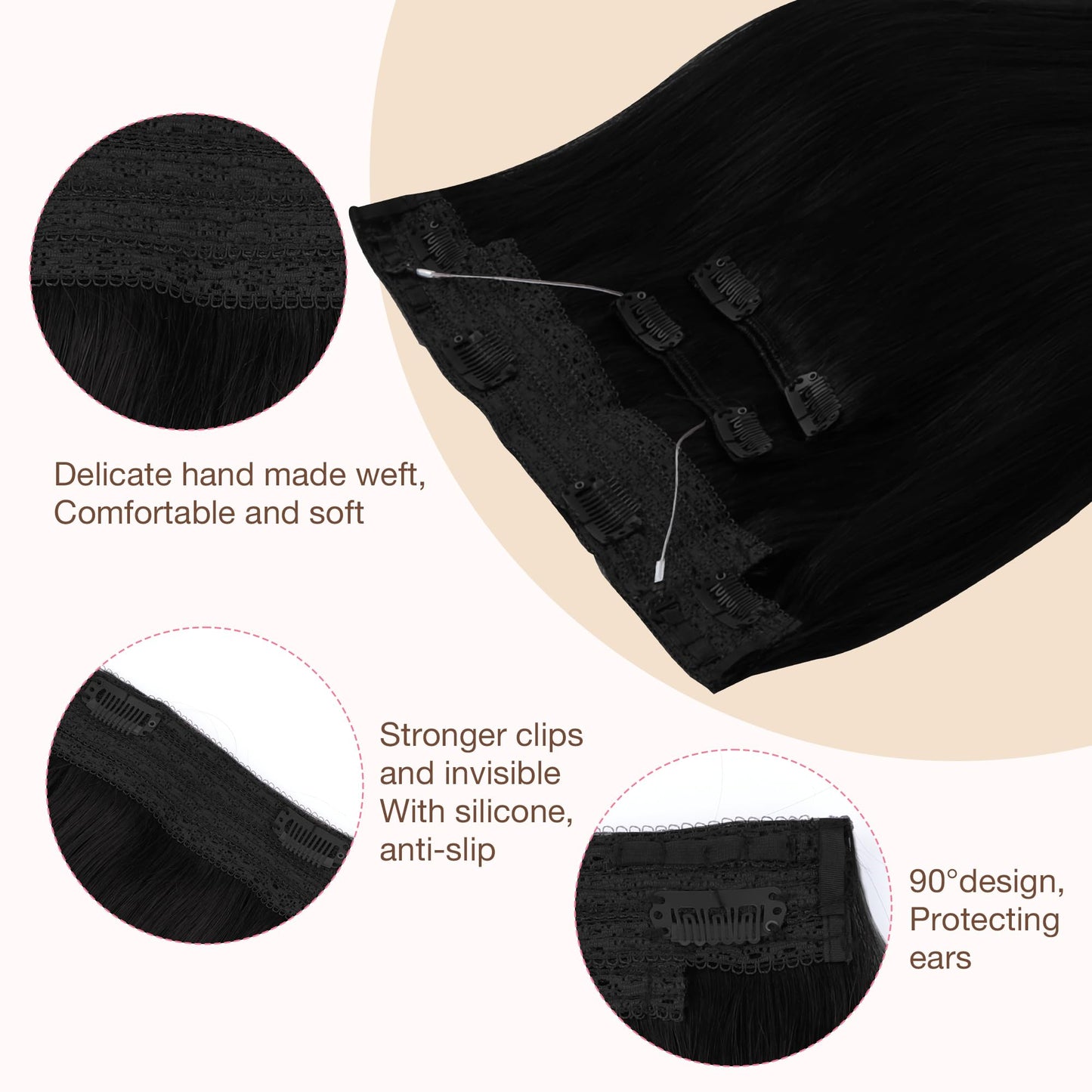 GOO GOO Wire Hair Extensions Human Hair, 1 Jet black Natural 18inch 125g, Invisible Wire Hair Extensions with Transparent, Seamless Fish Line Hairpiece