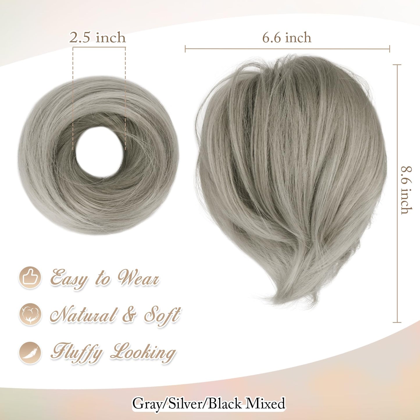BARSDAR Gray Hair Bun Extensions - Synthetic Fully Short Straight Ponytail Hair Bun Extensions for Women, Elastic Gray Hair Bun Scrunchies Messy Bun Hairpieces Daily- Gray Mixed