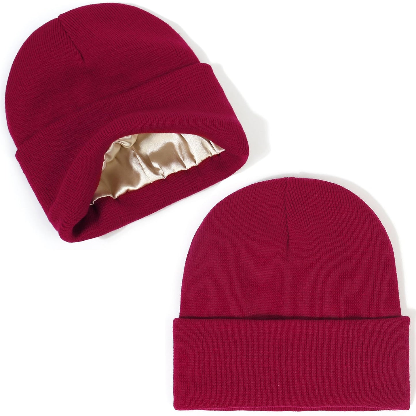 Unisex Satin Lined Winter Beanie for Women Men Silky Lining Slouchy Skull Cap Knitted Cuffed Skiing Knit Hat (Black & Wine Red)
