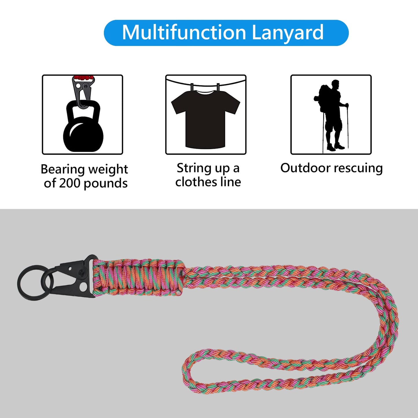 LAREDTREE Heavy Duty Paracord Lanyard Keychain, Paracord Necklace Cell Phone Keychain Whistles Wrist Braided Strap (Rainbow)