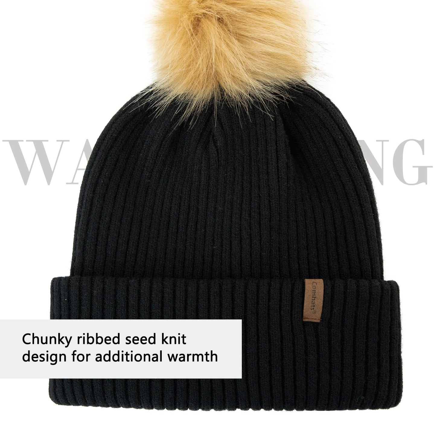 TOP-EX M/L/XL Women Winter Beanie Pom Hat Warmer Wool Cashmere Knitted Cap Double Layer Hat Cold Weather Snow Hat with Faux Fur Pompom Black